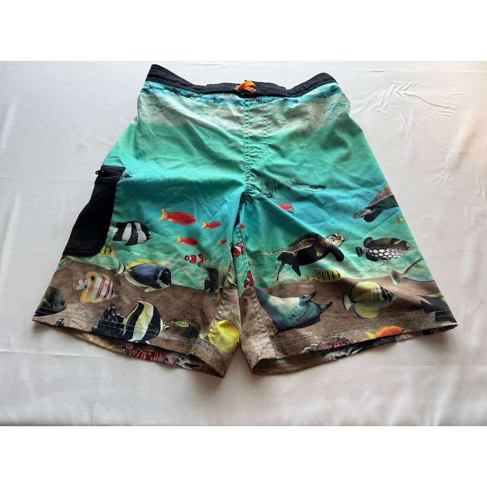 Wonder Nation, Blue & Green Swim Trunks Ocean-Themed Design, Boy’s (Sz L 10-12)